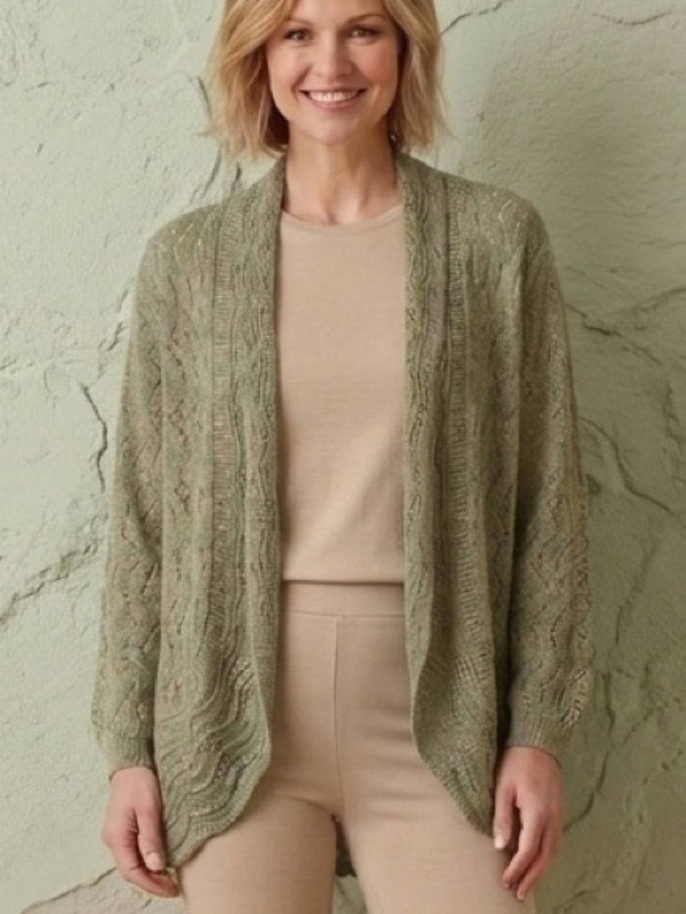 Northern Reflections Olive Green Knit Cardigan Lace Ribbon sz xl Luxury garden
